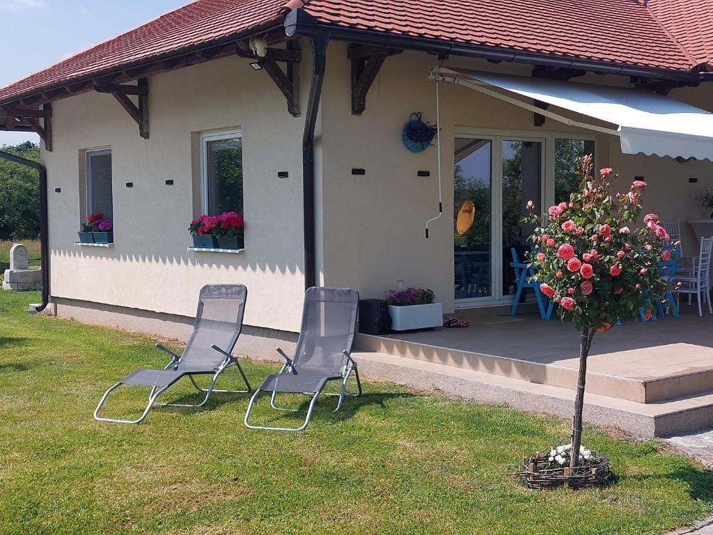 two chairs in front of a house with a tree at 3a kuca Bajevac in Bajevac