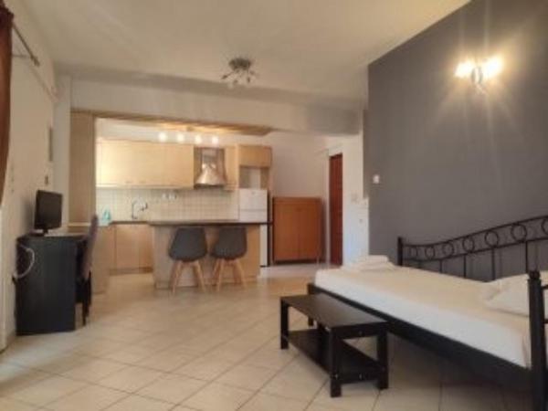 a large room with a bed and a kitchen at Kratounis Apartment 1 in Oikonomiánika