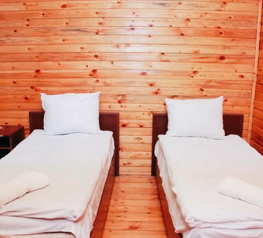 two beds in a room with wooden walls at Narınqala Hotel in Sheki