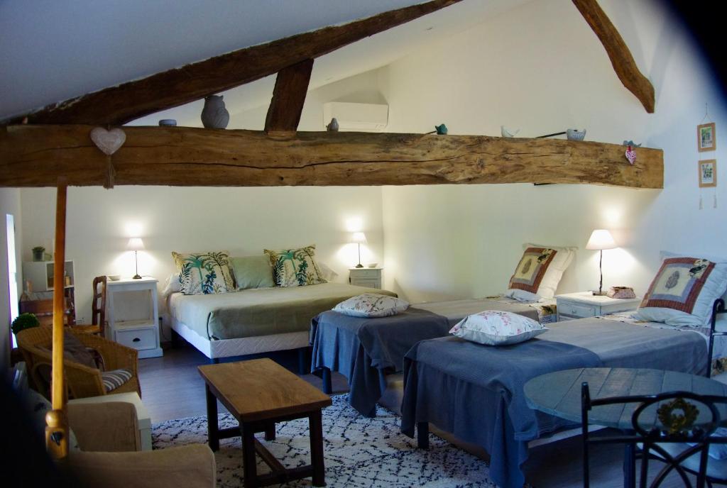 a bedroom with two beds with blue sheets at Métairie du Peyré in Pauilhac