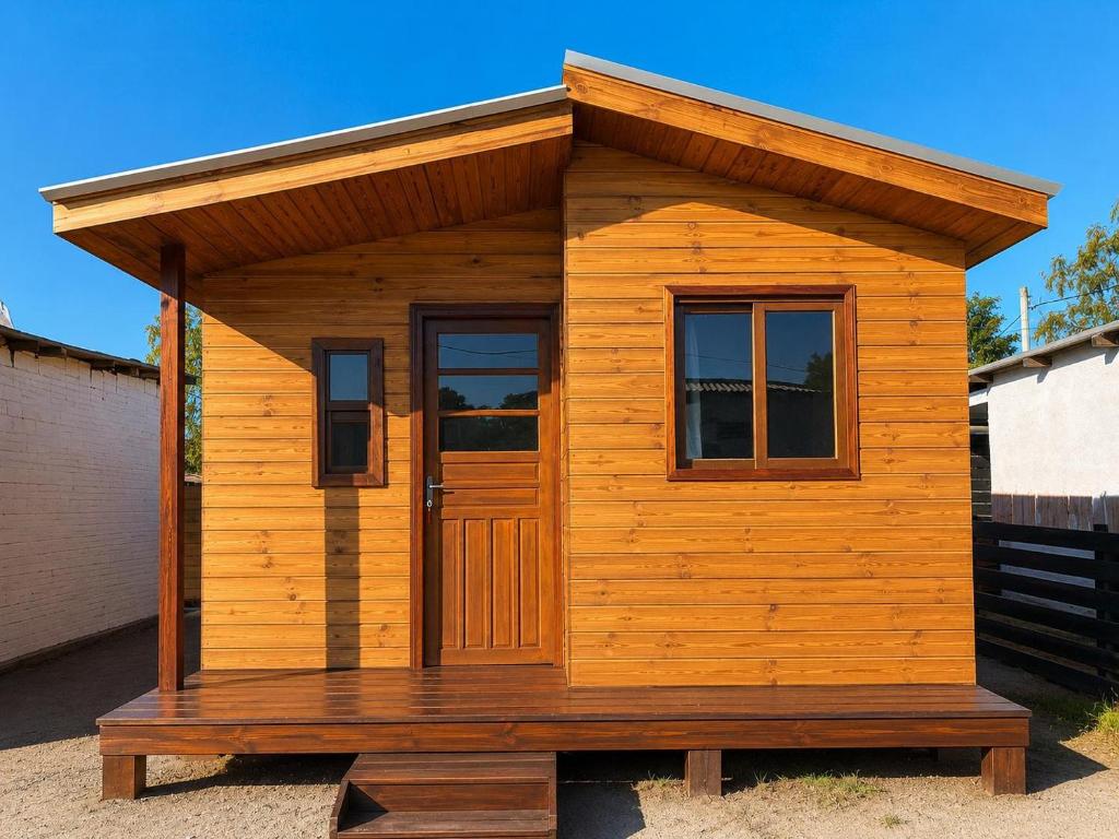 a small wooden cabin with a door and windows at Cabaña Acuña in Chuy