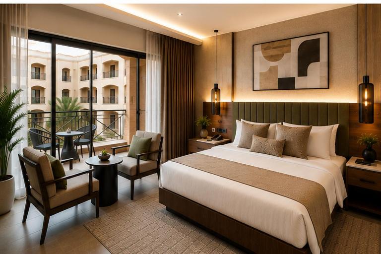 a bedroom with a large bed and a balcony at هوتيل بوسيك - Bosque Hotel in Hurghada