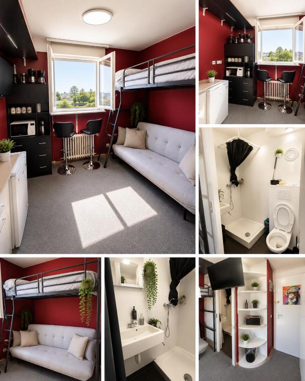 a collage of four pictures of a room at Nyon Red room in Nyon