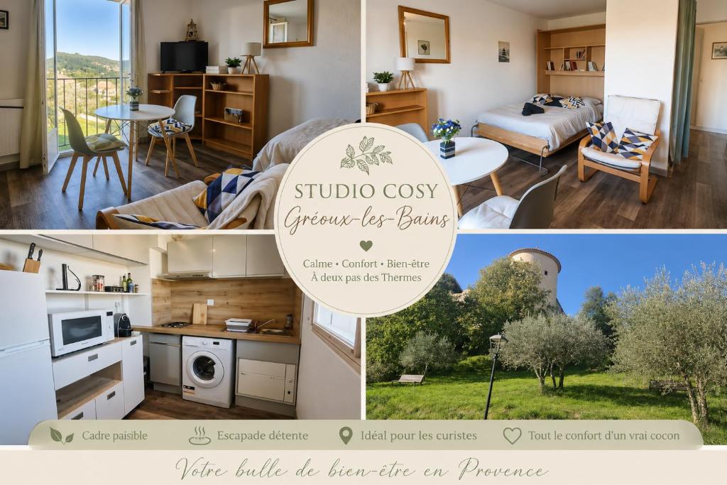 a collage of photos of a studio costs apartment for buyers at Studio à 10min à pieds des Cures in Gréoux-les-Bains