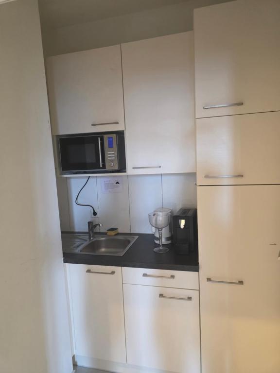 a small kitchen with a sink and a microwave at City Hotel in Rheinfelden