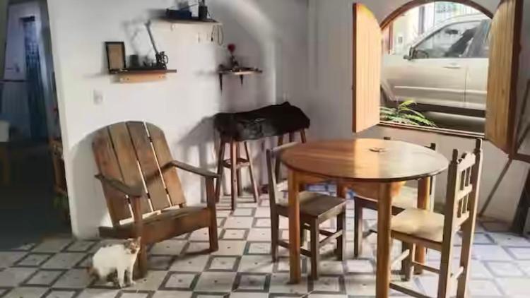 a dining room with a table and chairs and a cat at Casa Ozomalli in San Pedro Pochutla