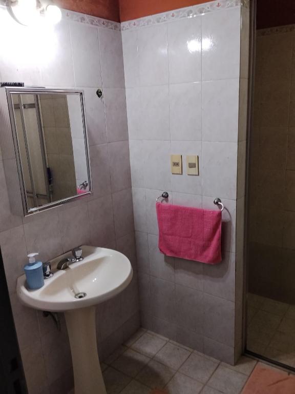 a bathroom with a sink and a shower with a pink towel at La negrita in Villa Elisa