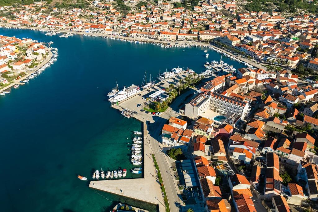 an aerial view of a harbor with boats in the water at Studio apartman Oreb in Vela Luka