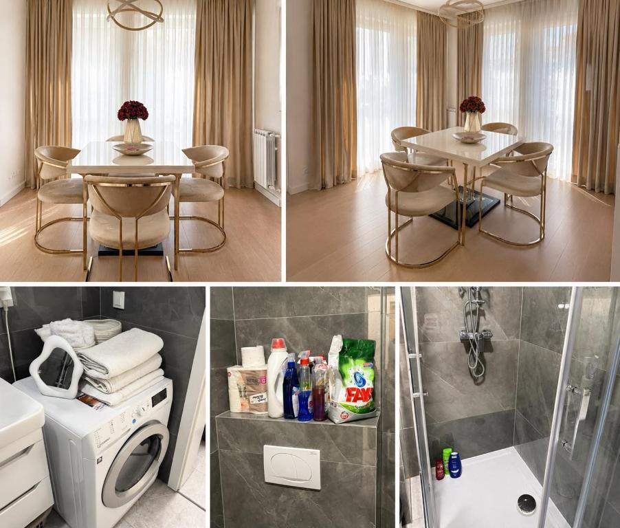 two pictures of a bathroom with a table and a washing machine at Lux Apartman Garden in Paša Bunar