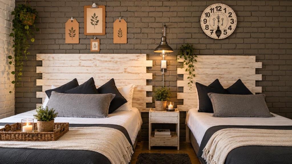 a bedroom with two beds and a clock on the wall at De Haven Oost in Rayton