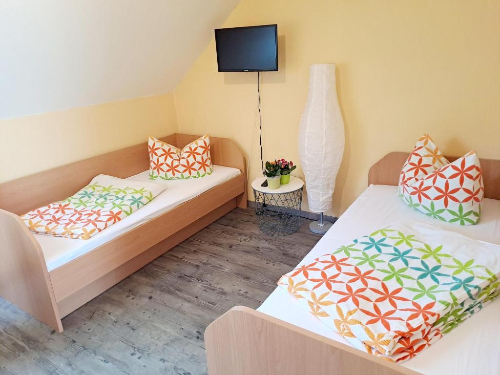 a small room with two beds and a tv at Schullandheim Neukirch Lausitz in Meyershäuser