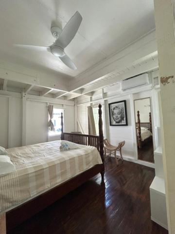 a bedroom with a bed and a ceiling fan at Casa Papaya in Marigot
