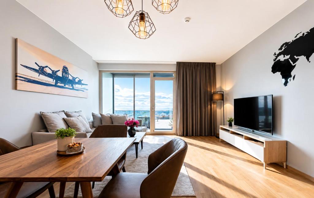 a living room with a table and a television at UP 34 FLOOR APARTMENTS in Klaipėda