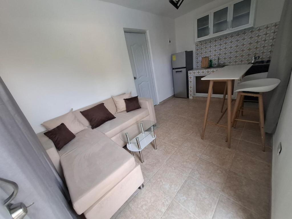 a living room with a white couch and a kitchen at Acogedor Departamento Entero in Hornillo