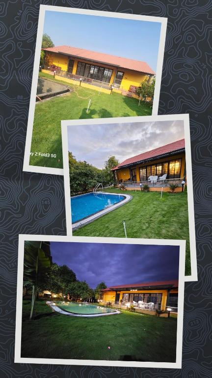 four pictures of a house and a swimming pool at Rajashree Multipurpose Resort in Solapur