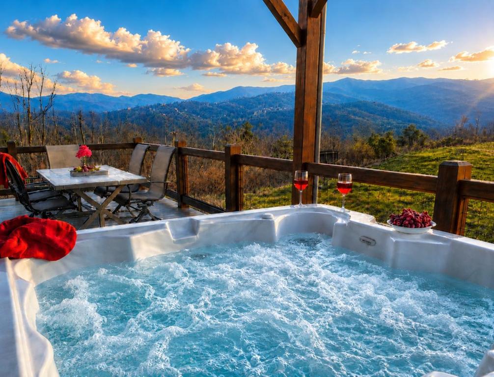 a hot tub on a deck with a table and wine glasses at Luxury 6 BED 5 BATH Mountain Cabin HOT TUB Theater Sleeps 20 IDEAL LOCATION Fireplace KING SUITES Fire Pit GAME ROOM in Sevierville