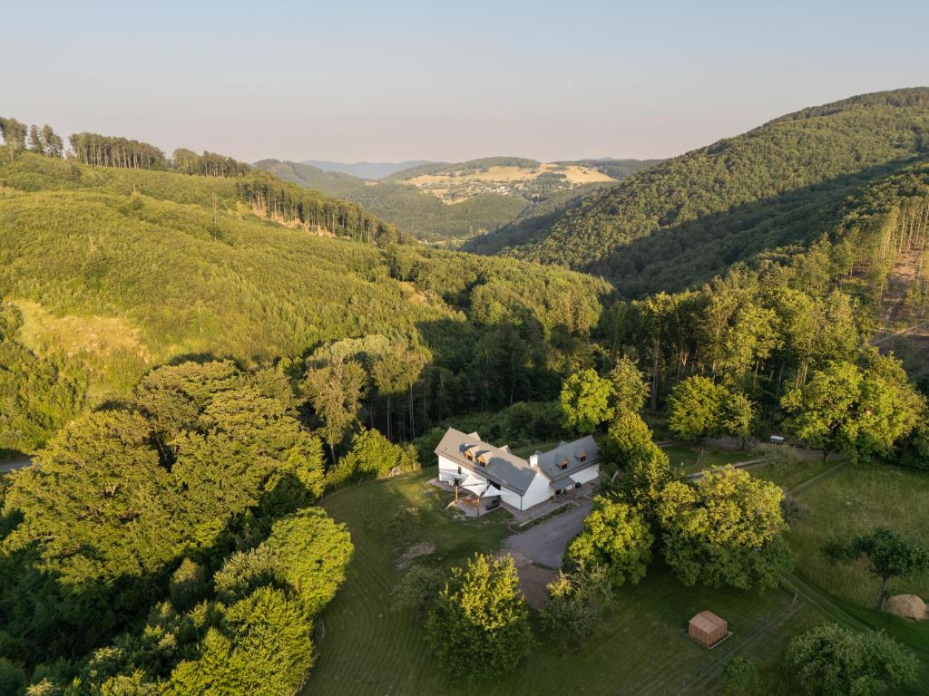 an aerial view of a house in the middle of a forest at Šimuntov dvor in Nová Baňa