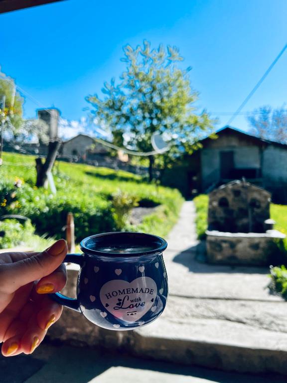 a person holding a coffee mug in a yard at NikO's Stay in Mestia