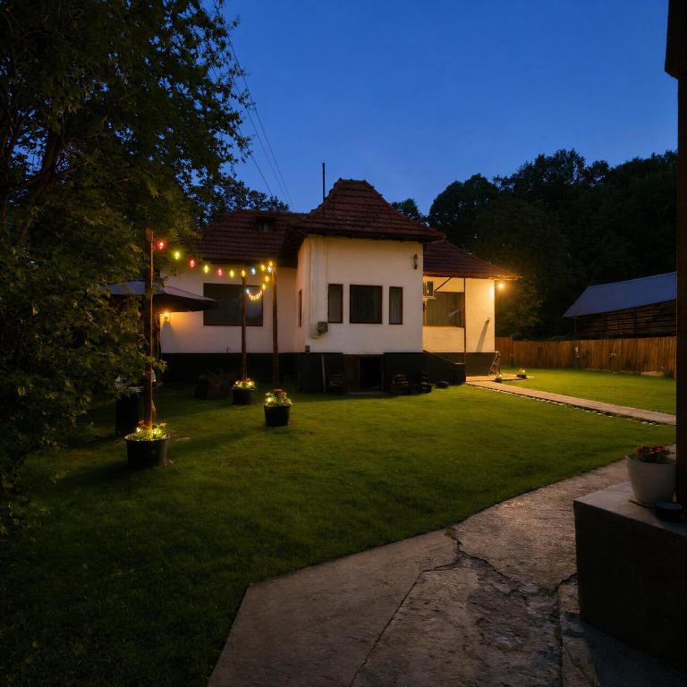 a house with lights in the yard at night at Casa de vacanta La Tataie in Plaiu
