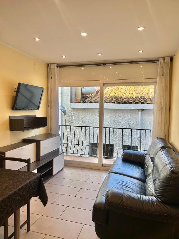 a living room with a leather couch and a television at Apartaments Tramuntana in Port de la Selva