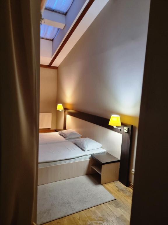 a small bedroom with a bed and a skylight at Mini-Hotel Under The Roof in Lviv