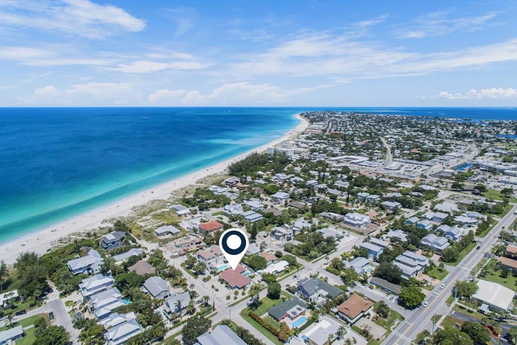 an aerial view of a beach with a marker at King Crab in Holmes Beach