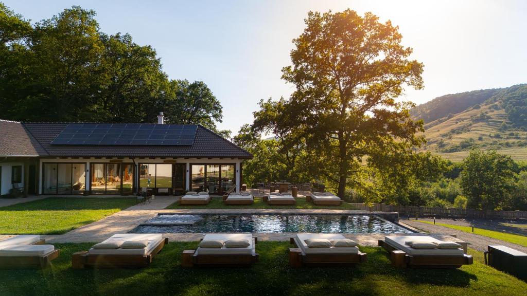 a backyard with a pool with lounge chairs and a house at Hunter's Mansion - Transylvania in Gorgan