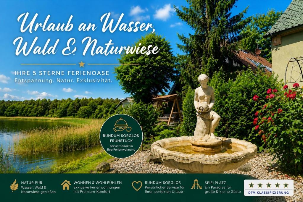 a statue of a woman sitting on a fountain in a garden at Ferienanlage Waschbär Country in Templin