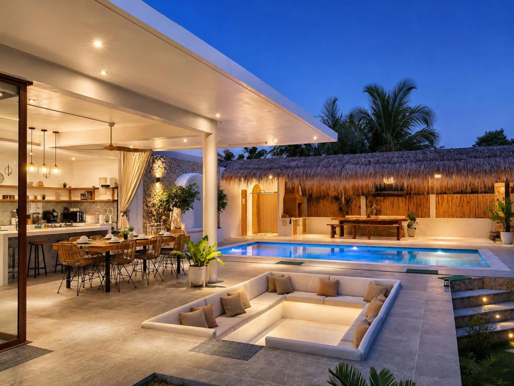 a backyard with a swimming pool and a house at Villa Silana in Moalboal