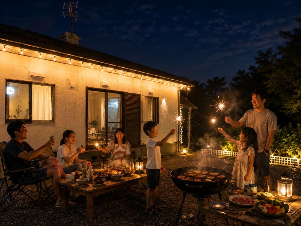a group of people in a backyard at night at 湖畔の詩 BBqが楽しめる隠れ家 琵琶湖徒歩5分 in Takashima