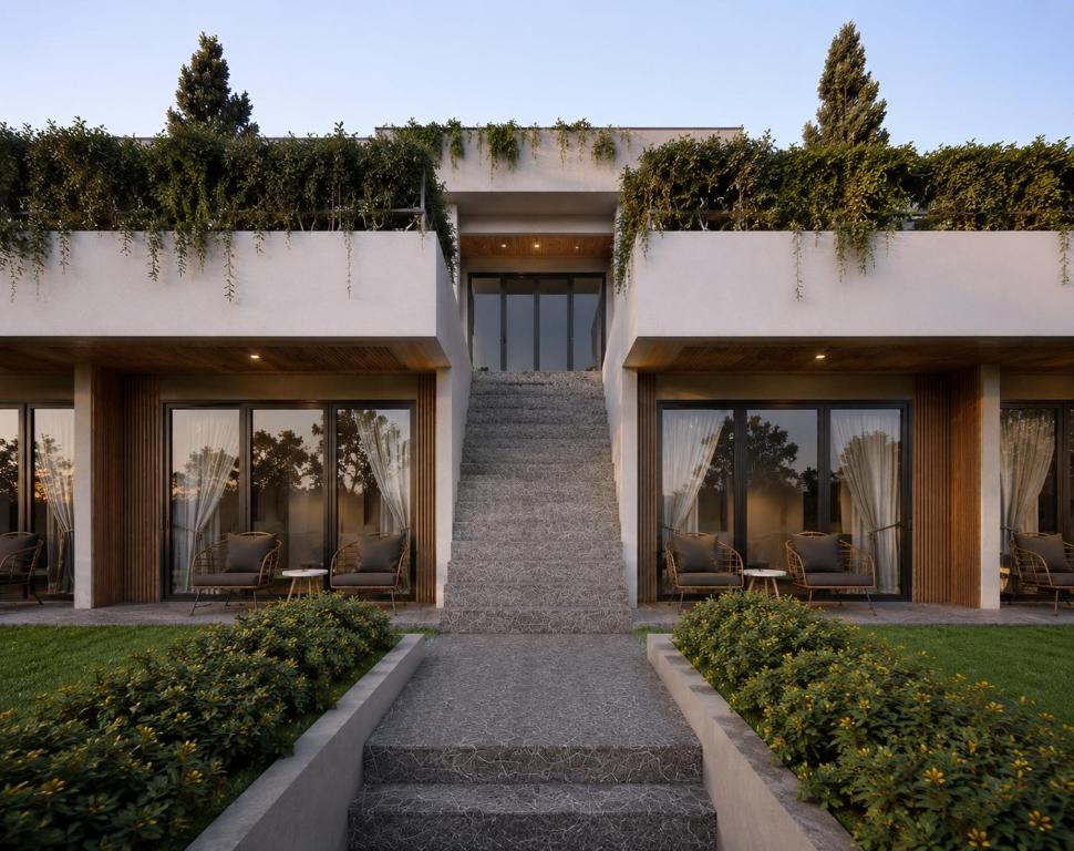 a villa with a staircase leading up to a building at Samara Villa by Sinergi in Tawangmangu