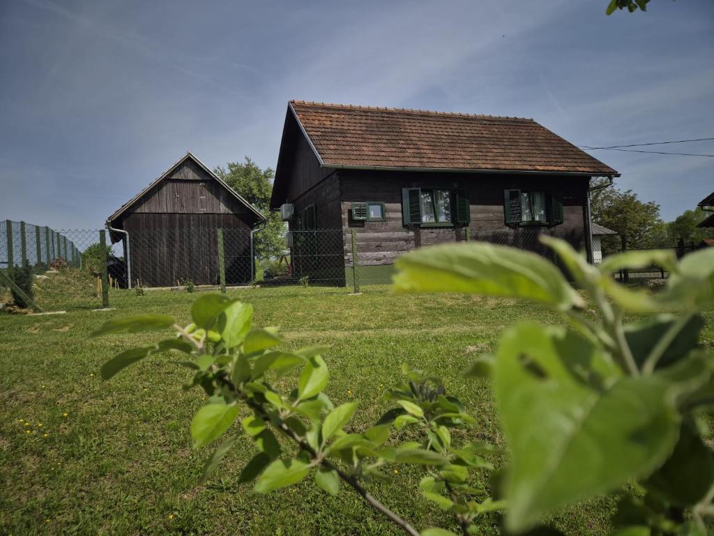 an old house and a barn in a field at Bajta 163 in Topusko