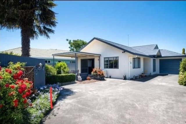 a white house with a palm tree and a driveway at The Napier Stay in Napier