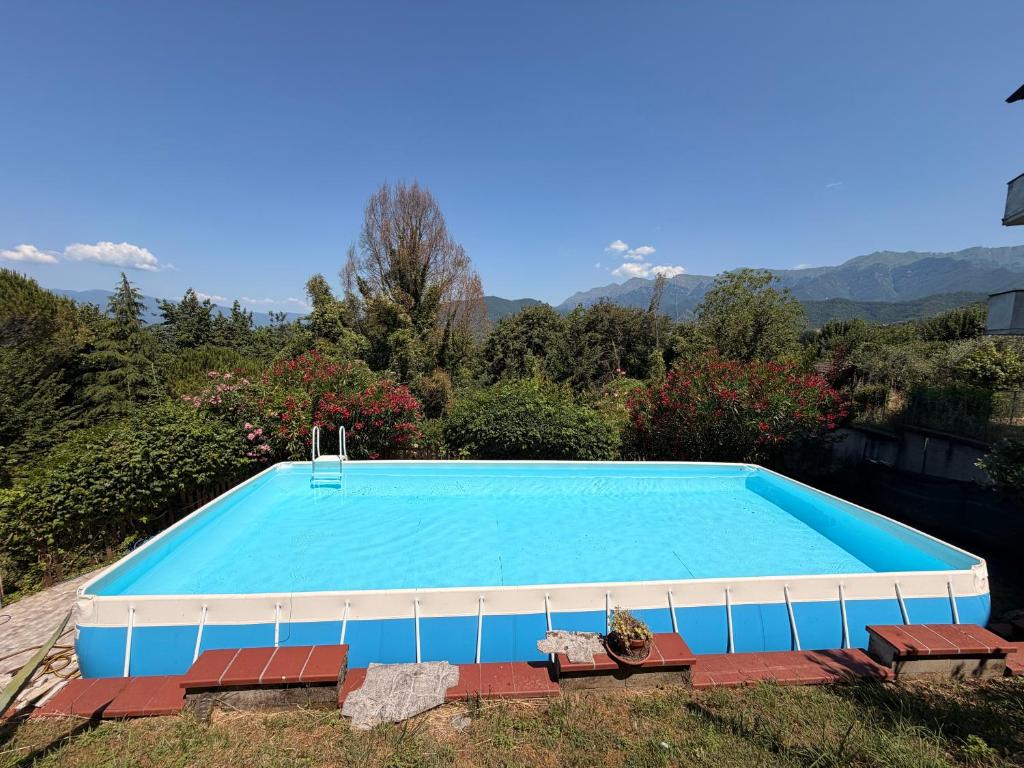 a large blue swimming pool with benches around it at I Barsan in Groppo