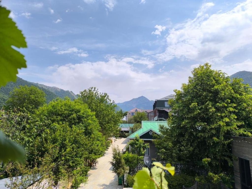 a view of a garden with mountains in the background at Fortuna Gabala Boutique Hotel & Restaurant in Gabala