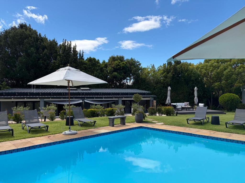 a swimming pool with chairs and an umbrella at Constantia Winelands Lodge in Constantia