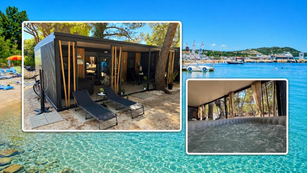 a collage of pictures of a house on the water at TJ Escape - Mobile Home in Pakoštane