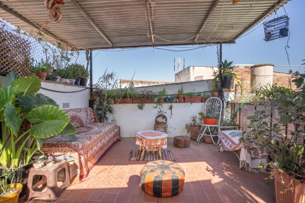 a patio with a couch and some plants at Casa Pantha in Vélez-Málaga