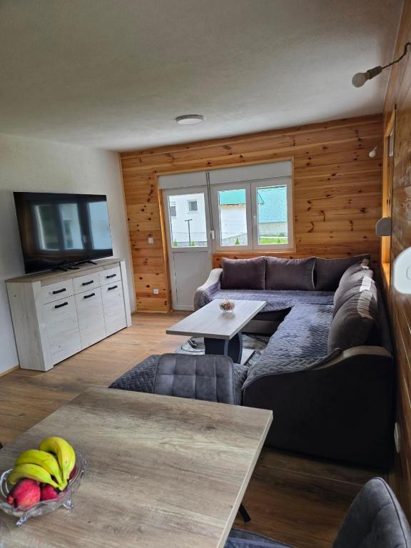 a living room with a couch and a tv at Mountain House 22 in Žabljak