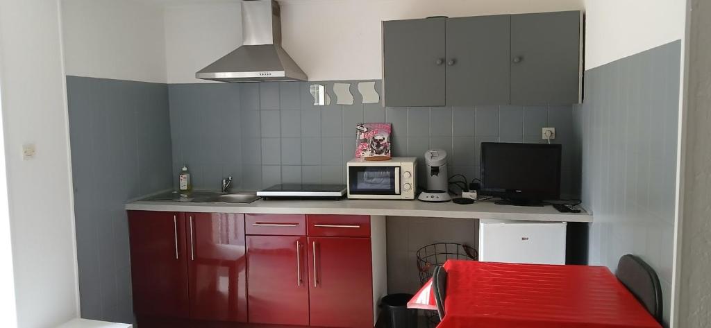 a small kitchen with red cabinets and a microwave at L'aube de Vouglans 5 kms des plages in Pont-de-Poitte