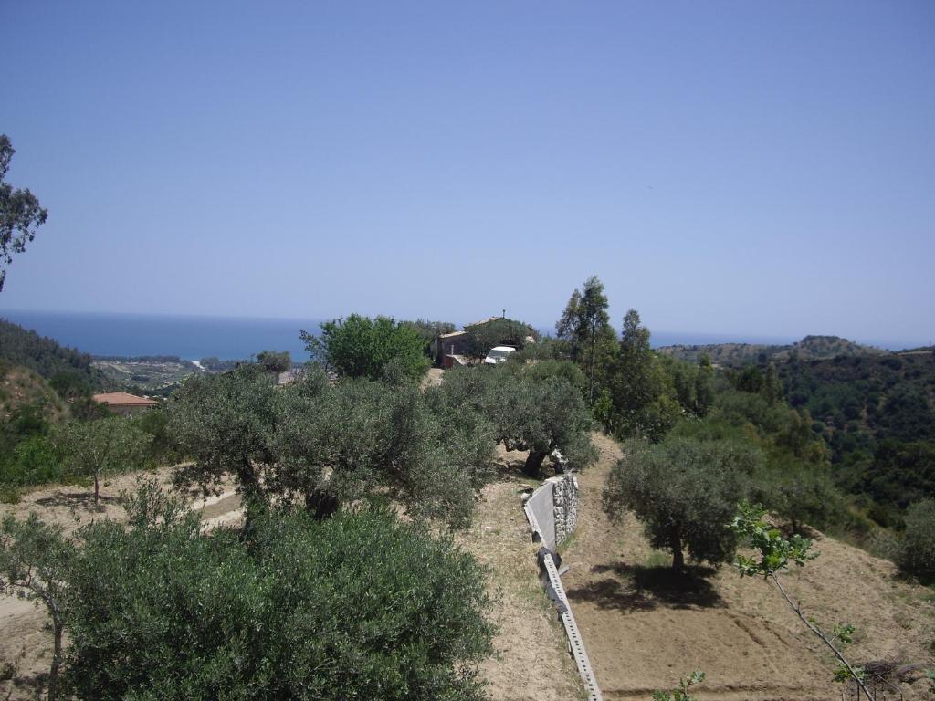 a view of a hill with trees and a fence at Casa Cucuzzolo in Isca sullo Ionio