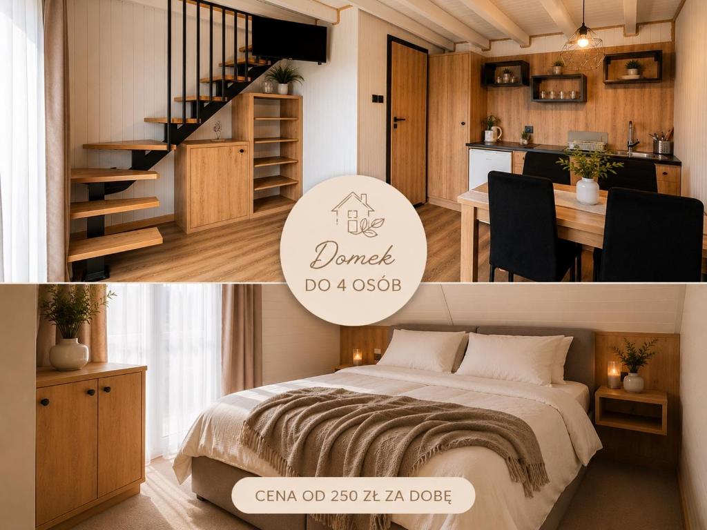 a living room and a bedroom with a bed and a kitchen at Resort Eden Premium Domki Jacuzzi, sauna in Jastrzębia Góra