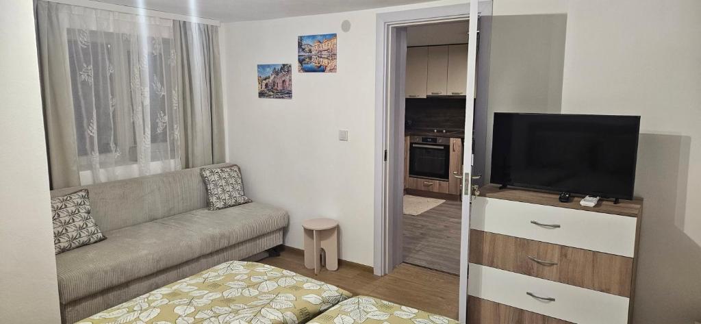 a living room with a couch and a flat screen tv at Студио МИНЕРА in Kyustendil