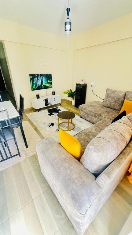 a living room with a couch and a tv at 2 Bedroom Apartment Kitengela in Kitengela 