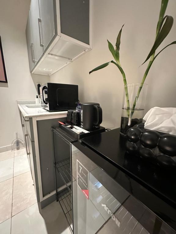 a kitchen with a black counter top with a plant on it at Clarance studio in Dhahran