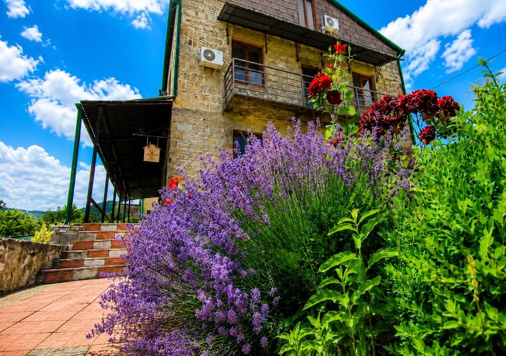 a garden with purple flowers in front of a building at Bears and Berries in Berd