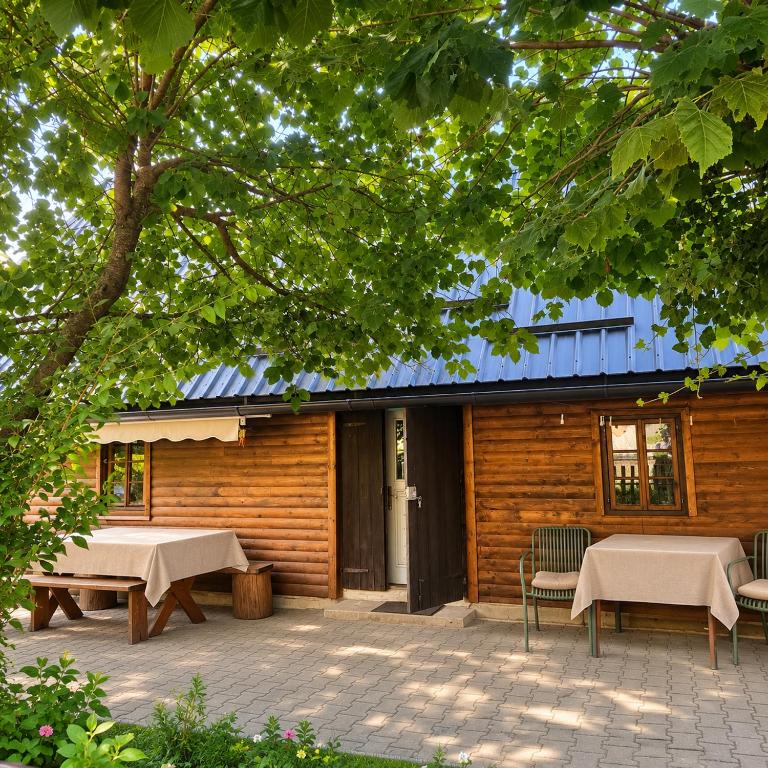 a patio with two tables and chairs in front of a building at Country house in nature -10 min from Nikola Tesla Memorial Center-peace and privacy in Klanac