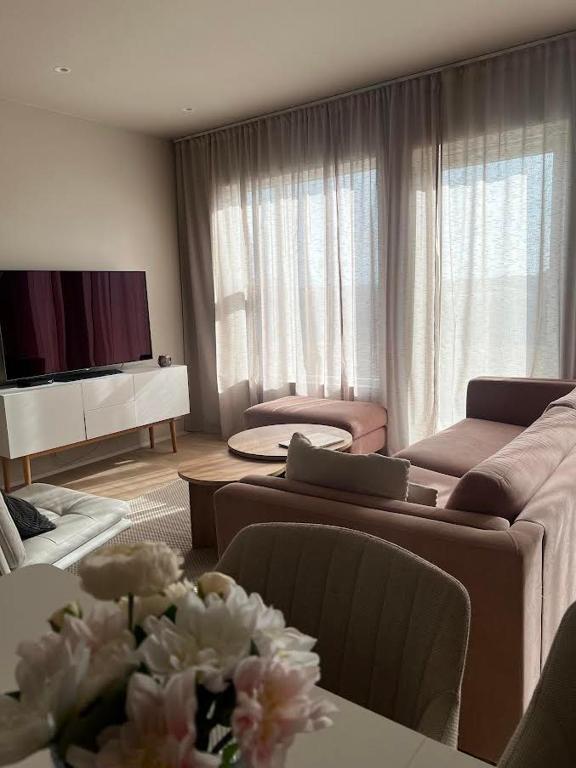 a living room with a couch and a tv at Mistar Home in Gardur