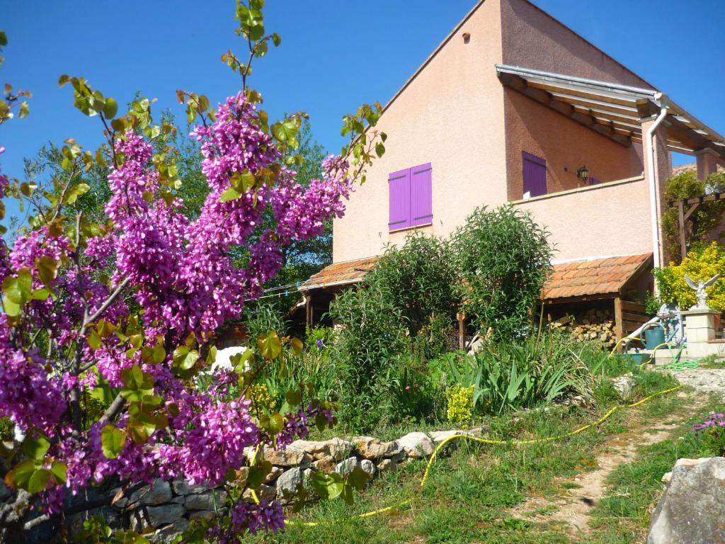 una casa con flores púrpuras delante de ella en Le gite de Cristal proche Bugarach, en Granès