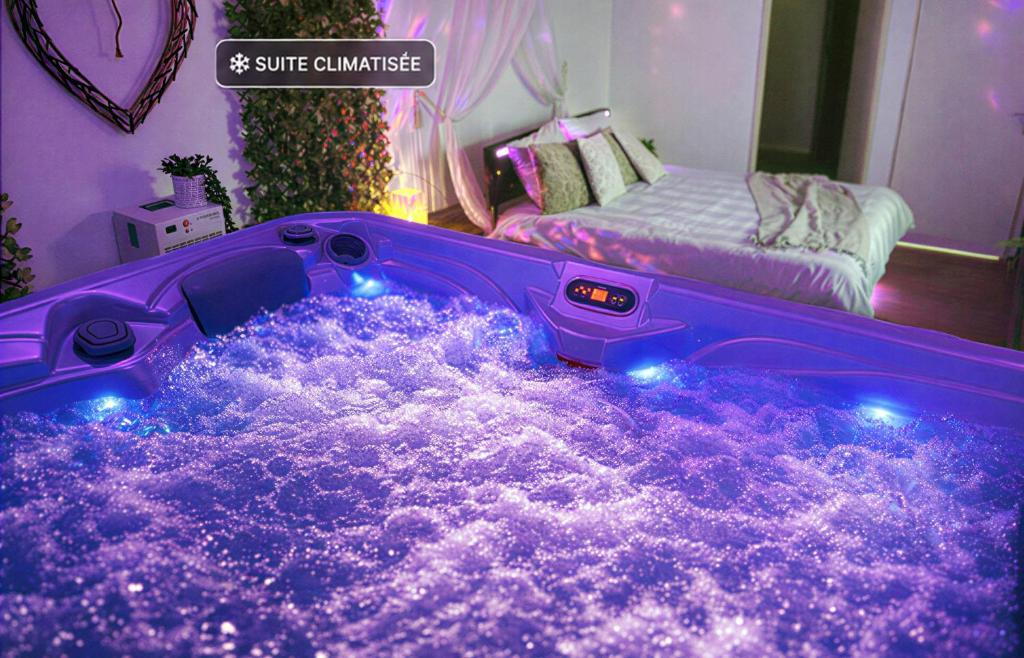 a bedroom with a purple bed on the floor at Le Bain des VioIettes - Grand jacuzzi privatif in Dole